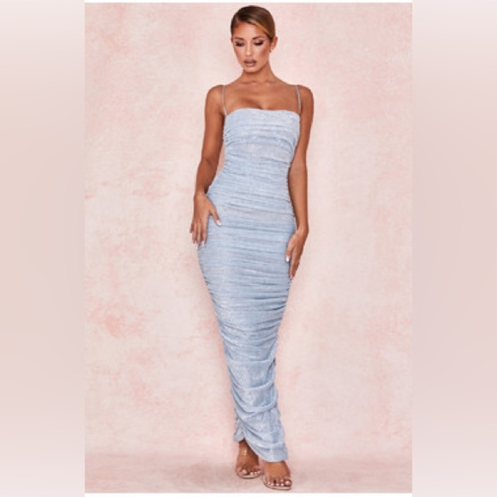 House of CB FORNARINA' BABY BLUE SPARKLE RUCHED MESH MAXI DRESS